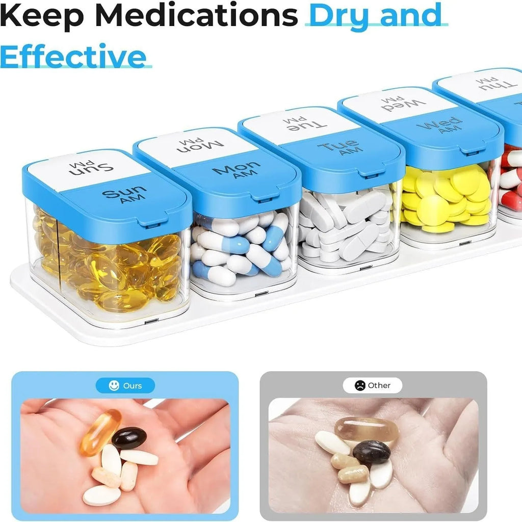 Extra large white and rainbow 14-compartment pill box organiser with removable dispensers