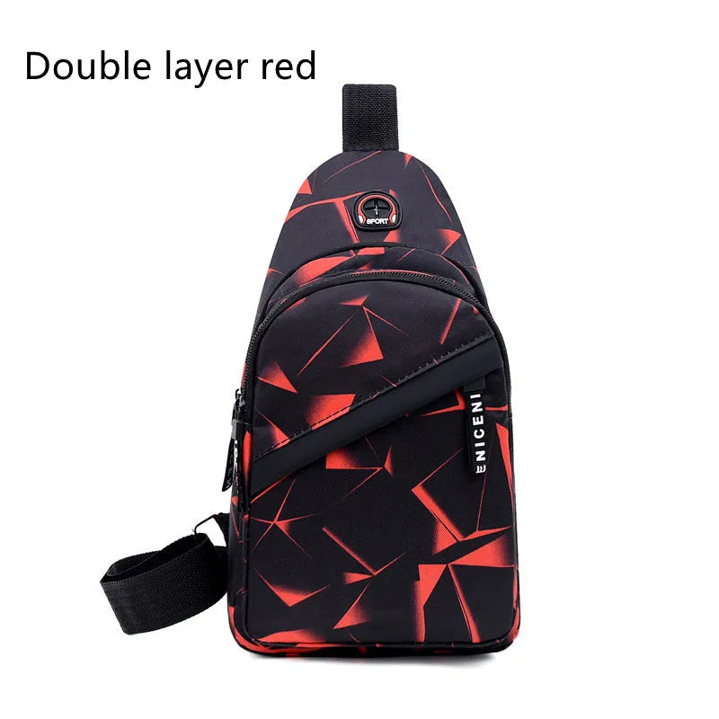 Men's blue Oxford cloth crossbody sling bag with earphone hole design showing zipper opening and letter print detail