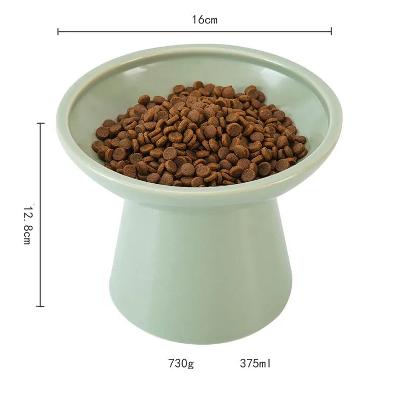 Extra wide elevated ceramic cat food bowl in blue green pink or white colour