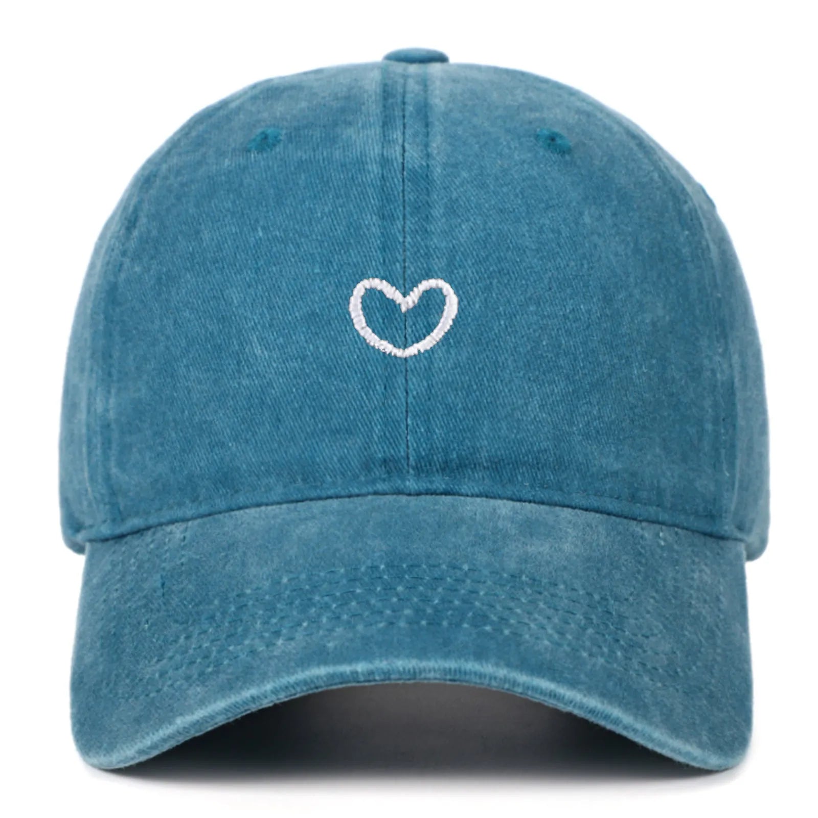 Retro style baseball cap with small love embroidery on cotton fabric in an adjustable dome crown design.