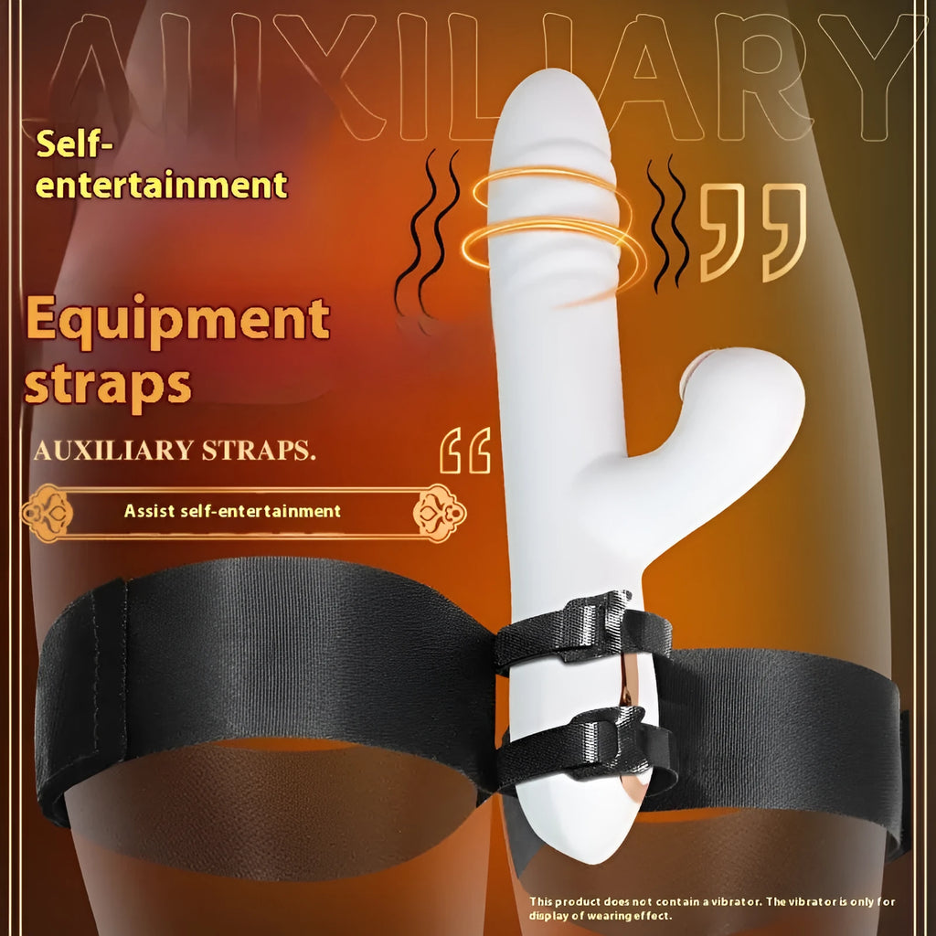Black knitted belt strap sex toy laid flat, showing adjustable fastening mechanism.