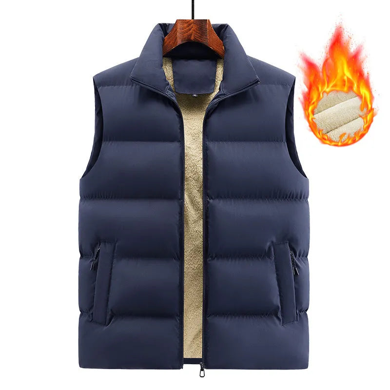 Men's striped lambswool vest or waistcoat in black, shown as a layering piece for winter.