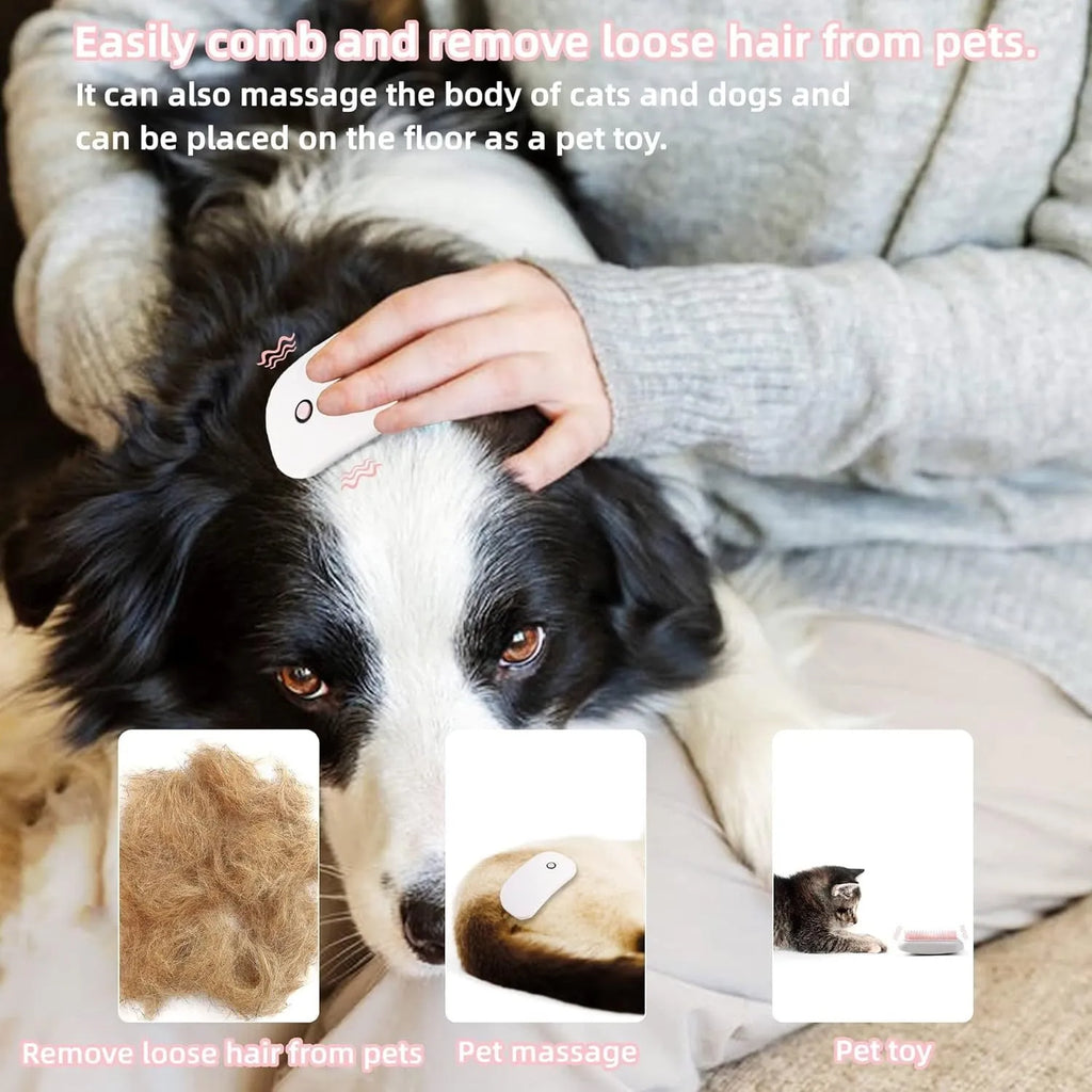 Light pink handheld electric vibration brush for grooming cats and dogs on a white background.