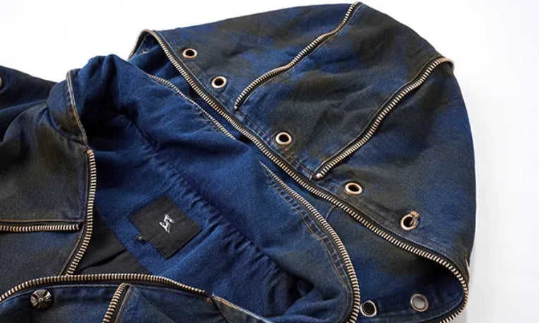 Blue polyester Korean style hooded denim vest coat with matching trousers two-piece set