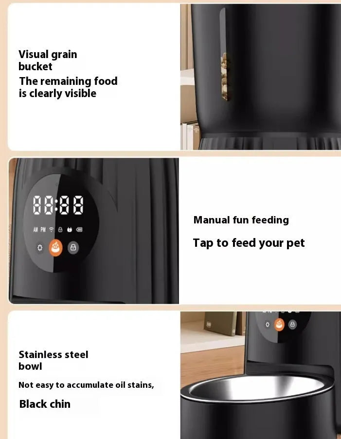 Black and white intelligent pet feeder with automatic timing and quantitative remote feeding via USB power