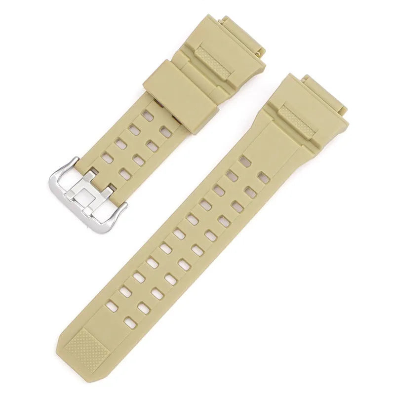 Camouflage patterned TPU resin watch strap with silver buckle on a grey background