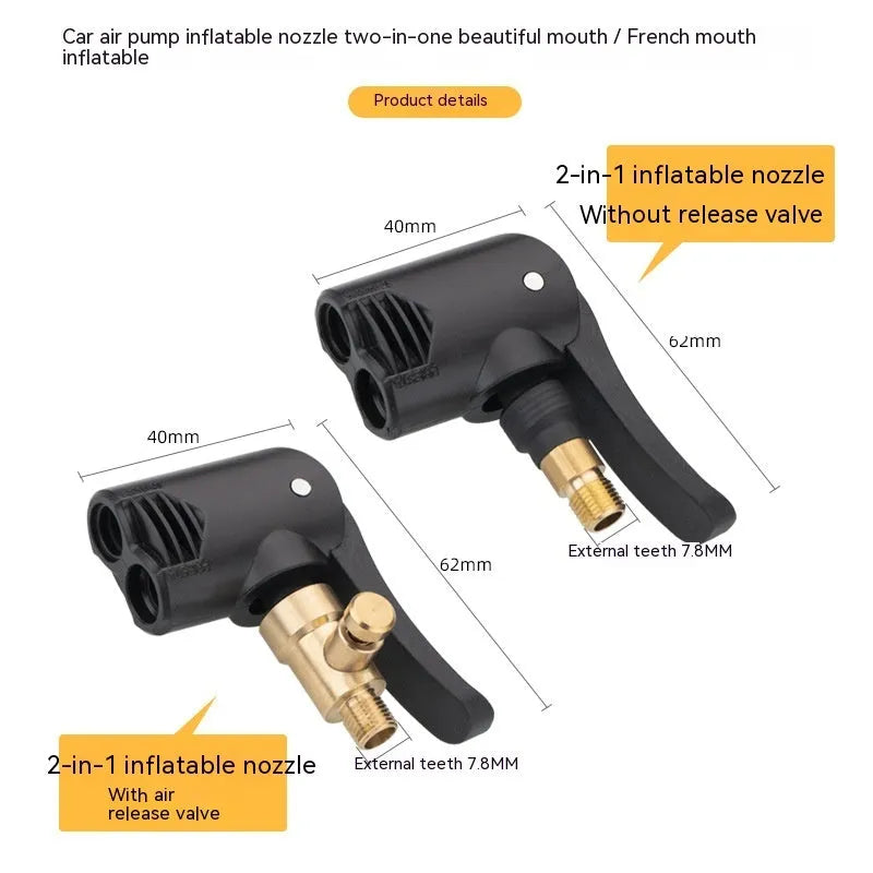 Two-in-one inflatable nozzle conversion chuck with hose and connectors for vehicle tyres and air mattresses