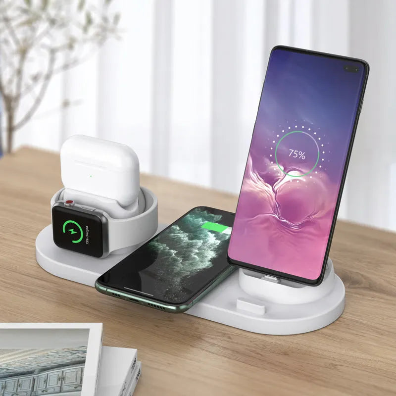 Black and white wireless charging station with phone stand, AirPods charging spot, and iWatch charger