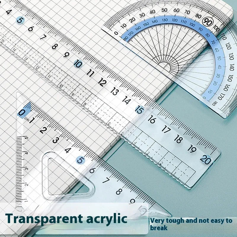 Youpai transparent acrylic drawing ruler set with square protractor on a technical drawing
