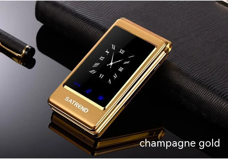 Black dual screen flip mobile phone showing both internal touch screen and smaller external display.