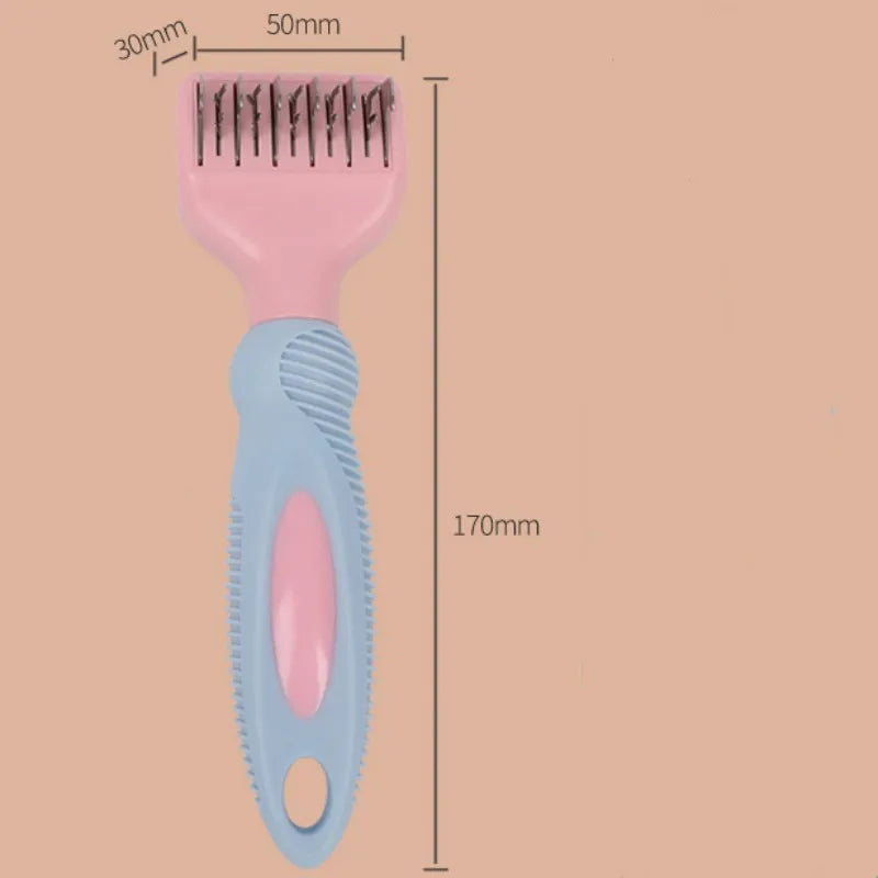 Pink stainless steel dog grooming comb with massage function and knot knife for pet fur care