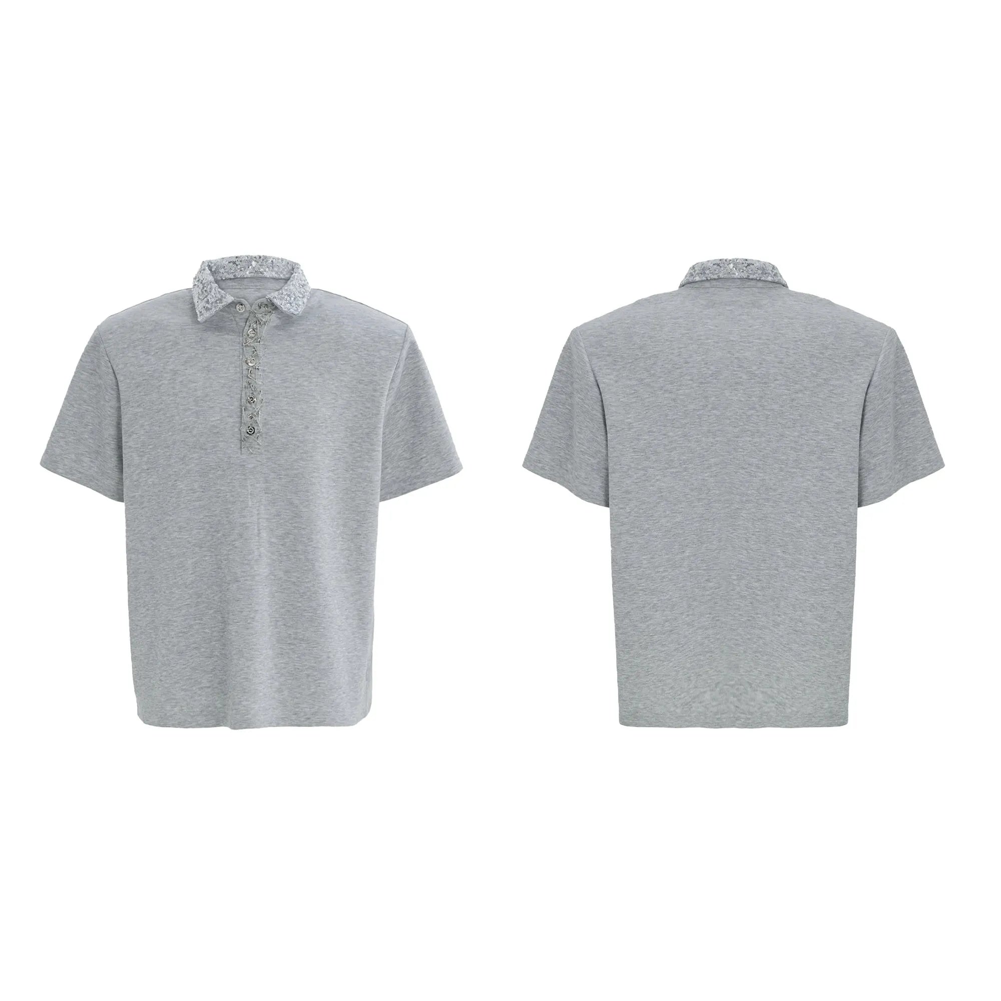 Men's loose fit polo t-shirt with a square collar in solid black, grey, or white.