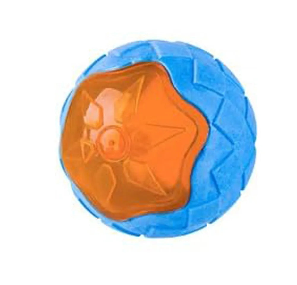 Set of three TPR dog toys: a blue squeaky ball, an orange barbell, and red tyres on grass.