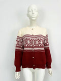 Women's red alpaca wool cardigan with diamond knit pattern and contrast colour long sleeves.