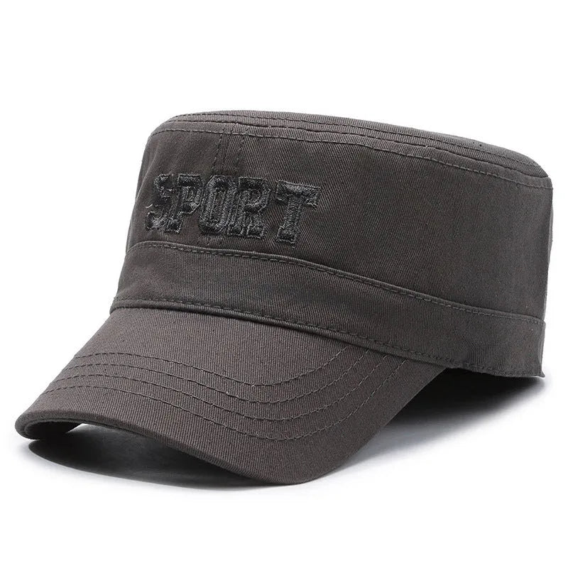 Men's adjustable cotton flat-top peaked cap in army green colour showing dome crown