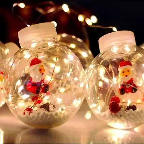 Christmas curtain light string with ten LED wishing ball lamps showing snowman, Christmas tree and elder designs