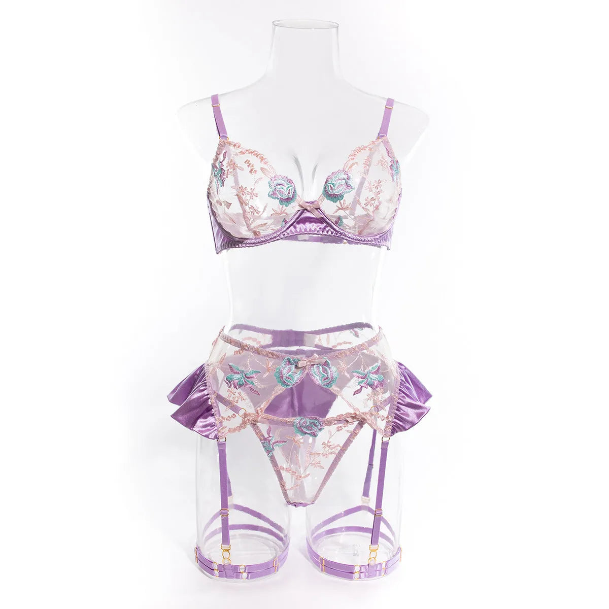 Light purple satin lingerie four-piece set with embroidery in S M L sizes