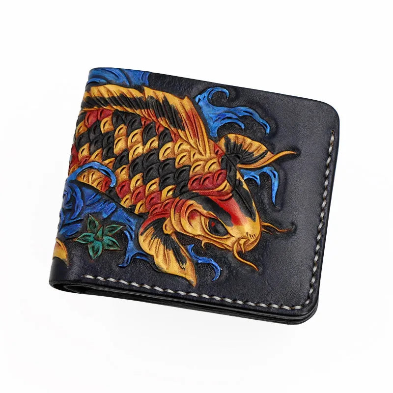 Men's red cow leather short wallet with carving detail, shown next to a ruler showing 10cm width.