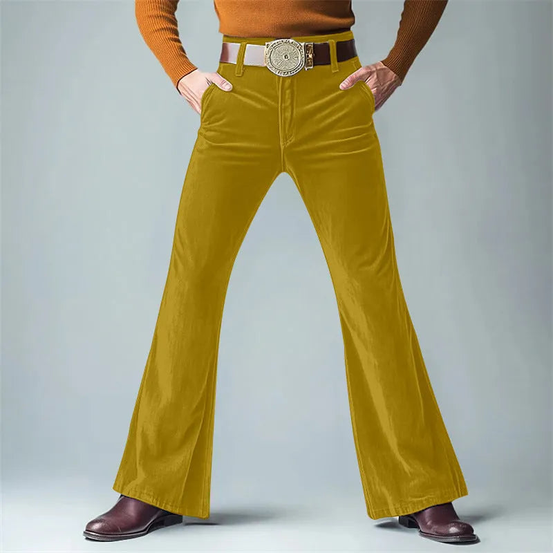 Men's gold velvet slim flared trousers in multiple colours for formal casual wear