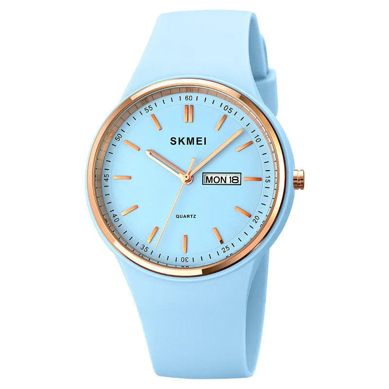 Quartz calendar watch with silicone strap, 42mm dial, waterproof to 30 metres in six colour options