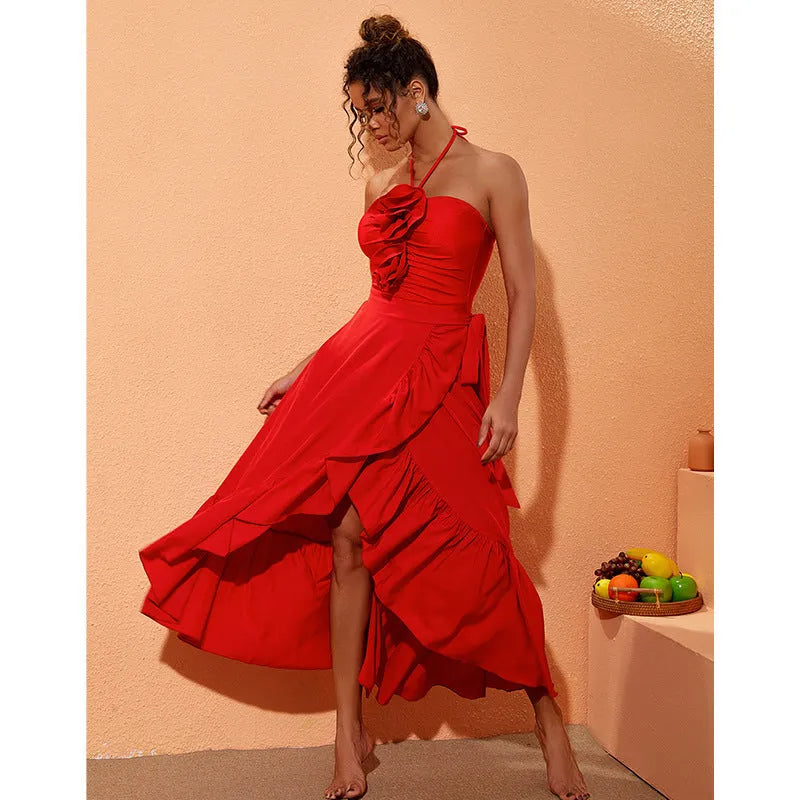 Red women's V-neck one-piece swimsuit with detachable skirt and open back design