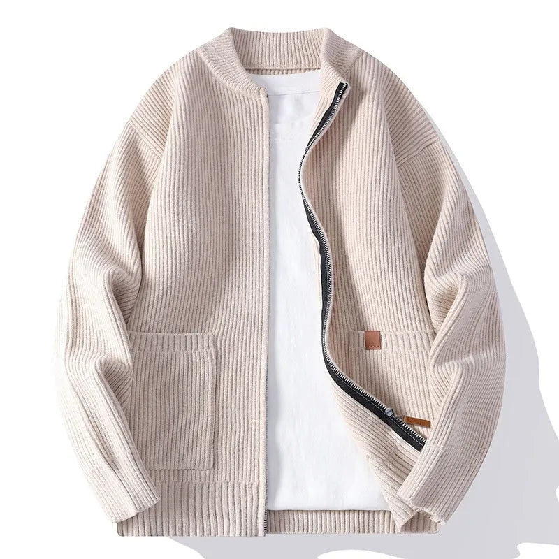 Men's striped sweater cardigan jacket in straight cut with chemical fibre blend fabric