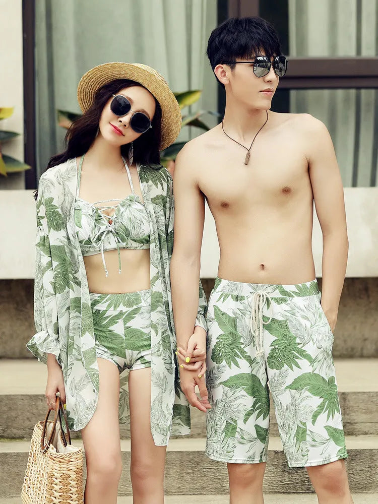 Green flower pattern matching bikini for women and beach pants for men in polyester spandex
