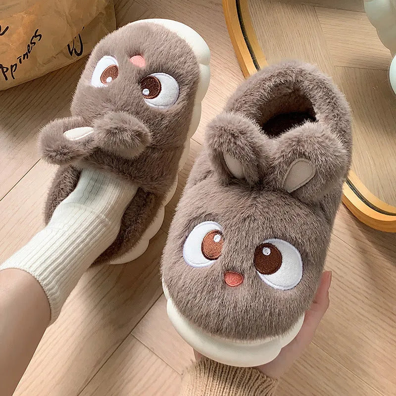 Female cartoon ankle wrap thermal cotton slippers in pink, blue, and gray options with suede upper and non-slip PVC sole