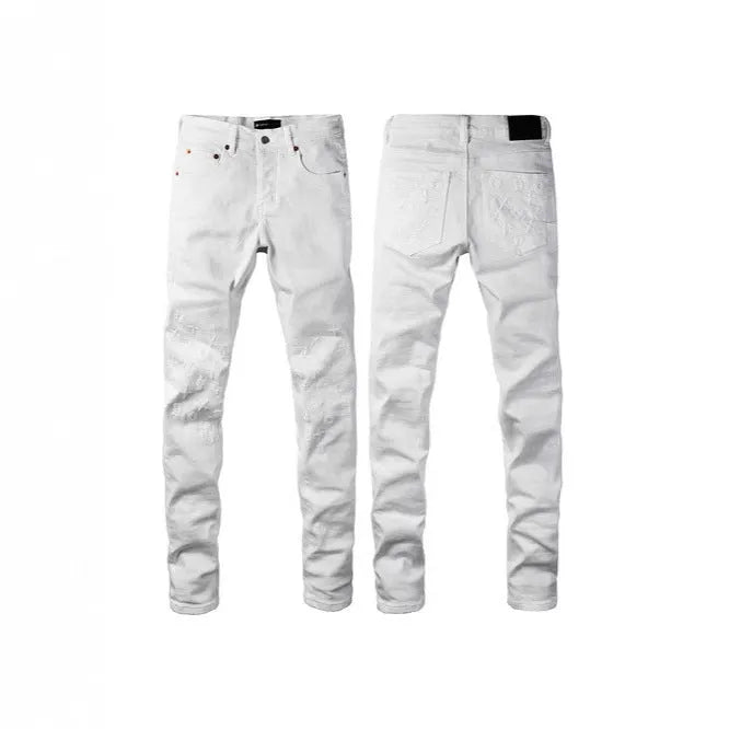 A pair of black slim fit skinny jeans with a straight leg and button fly closure on a mannequin.