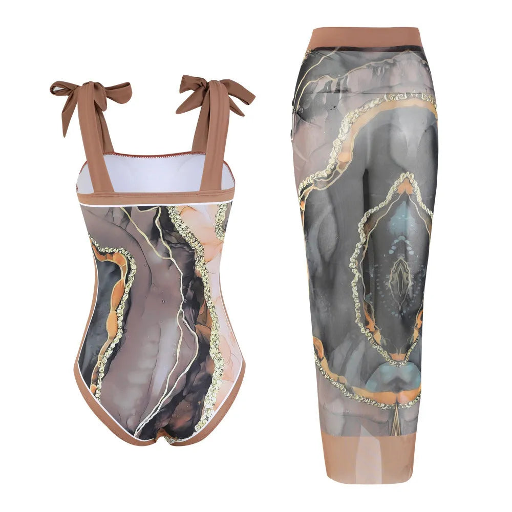 Floral print mesh tube top one-piece swimsuit with matching detachable skirt in brown, pink or black printing