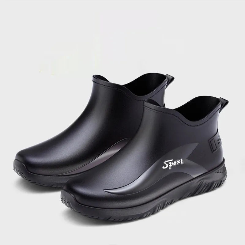 Men's short tube PVC rubber boots in beige, black, and black-red colours with non-slip sole