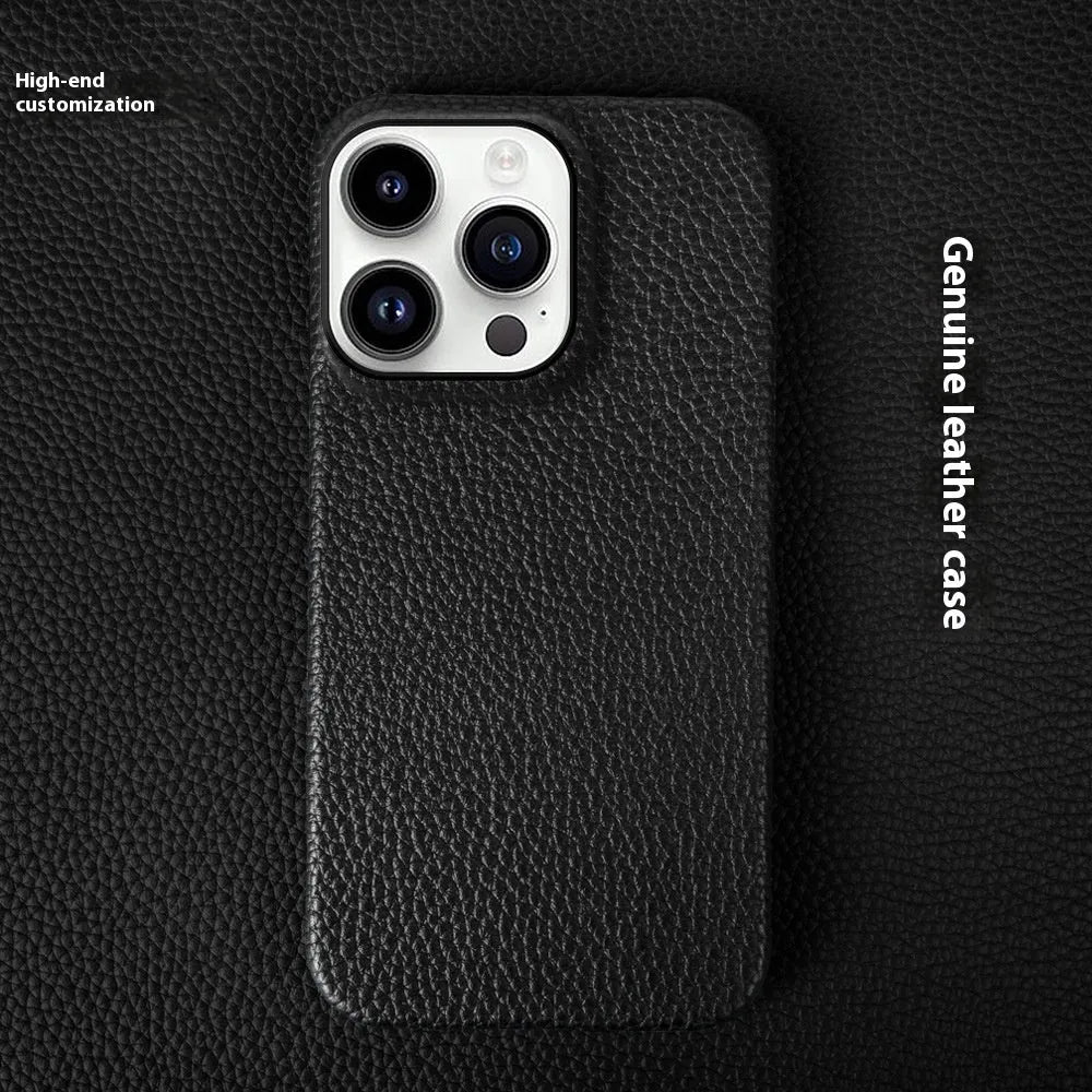 Orange genuine leather half pack phone case for iPhone 16 with hand-stitched edges