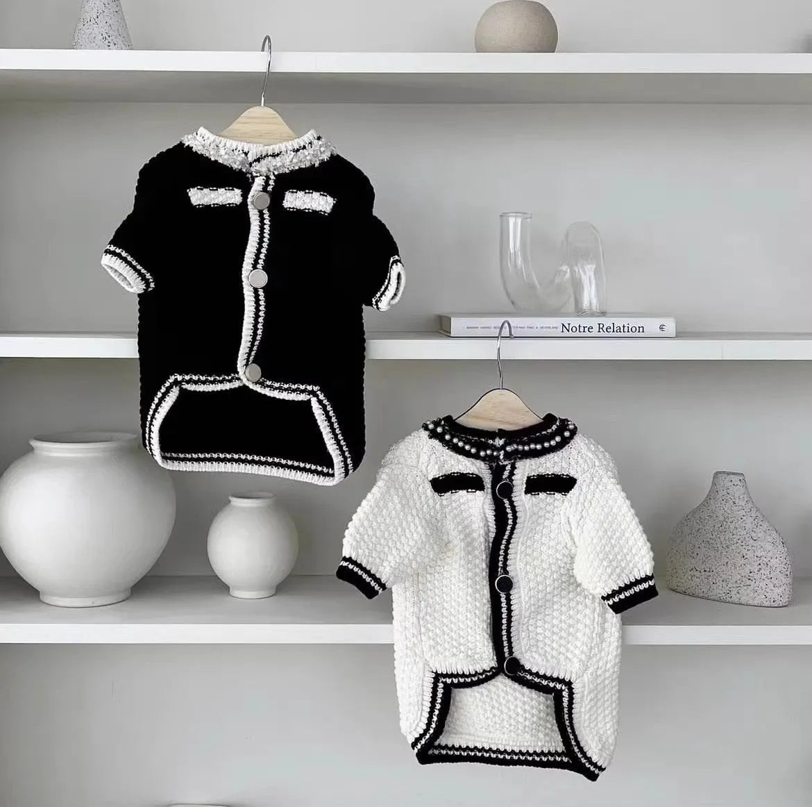 Korean style puppy sweater with pearl collar for small dogs, available in black and white