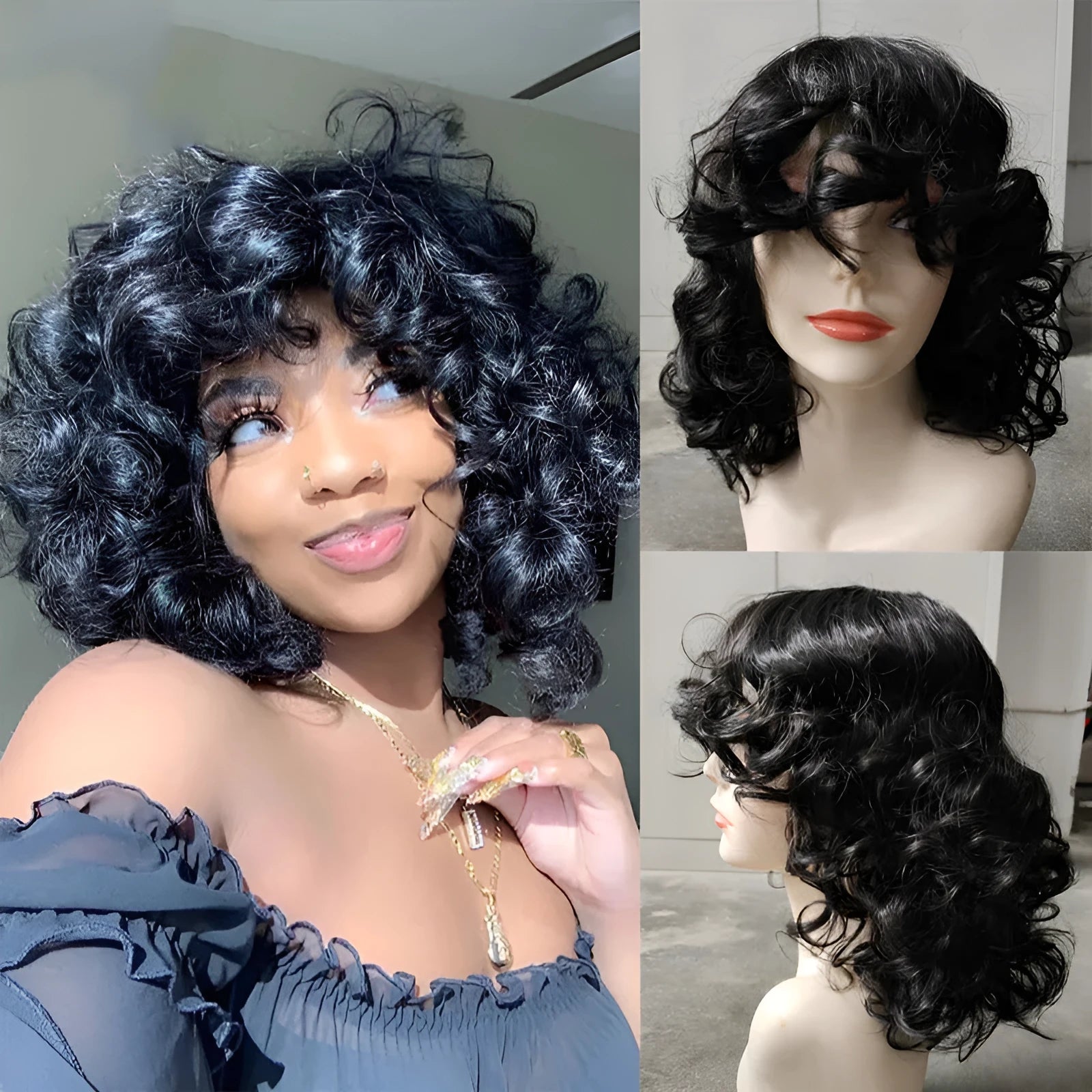 Black synthetic Afro wig with curly texture and heat-stylable high-temperature fibre construction