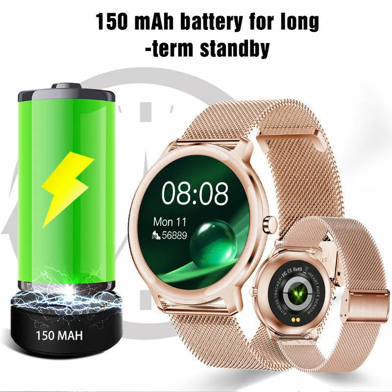 Women's waterproof smart watch with 1.3 inch touchscreen and stainless steel mesh band in rose colour