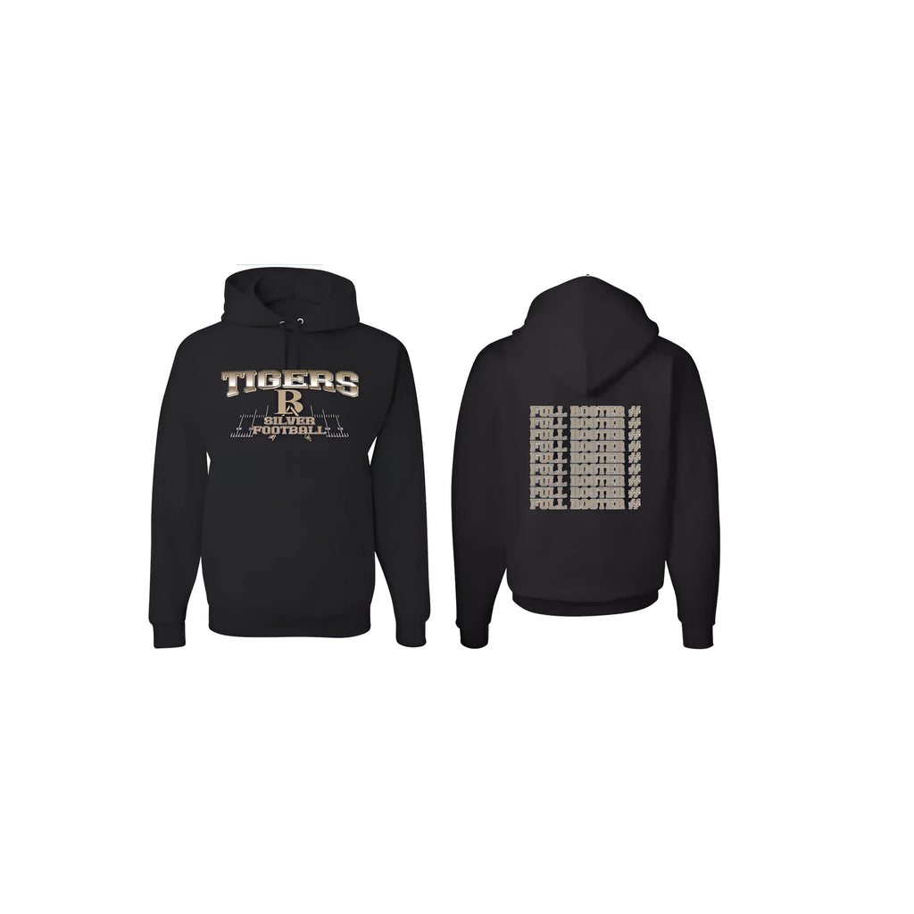 Black drop-shoulder sleeve pullover hoodie on a hanger, simple collar-less design.