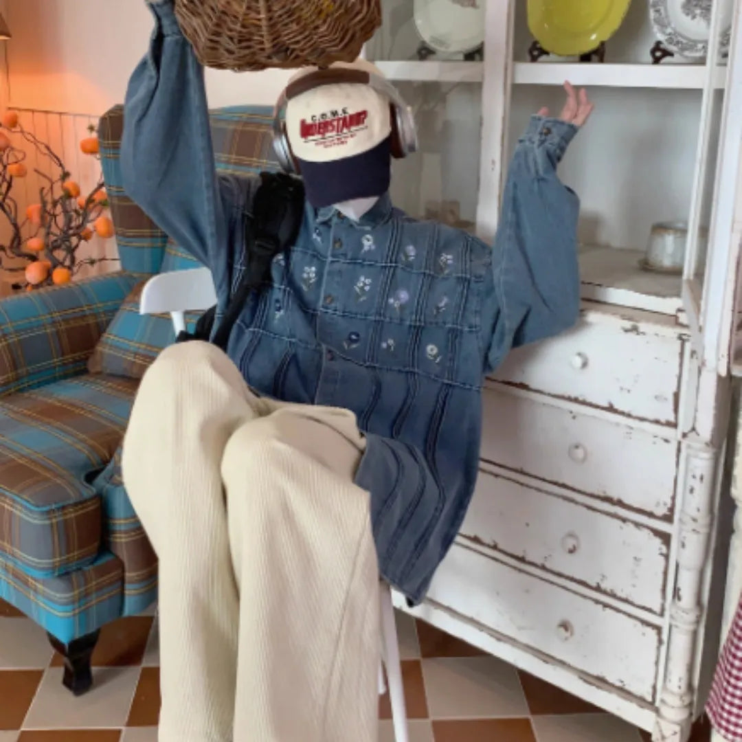 Vintage small floral pleated washed denim long sleeved shirt in washed blue colour with classic collar
