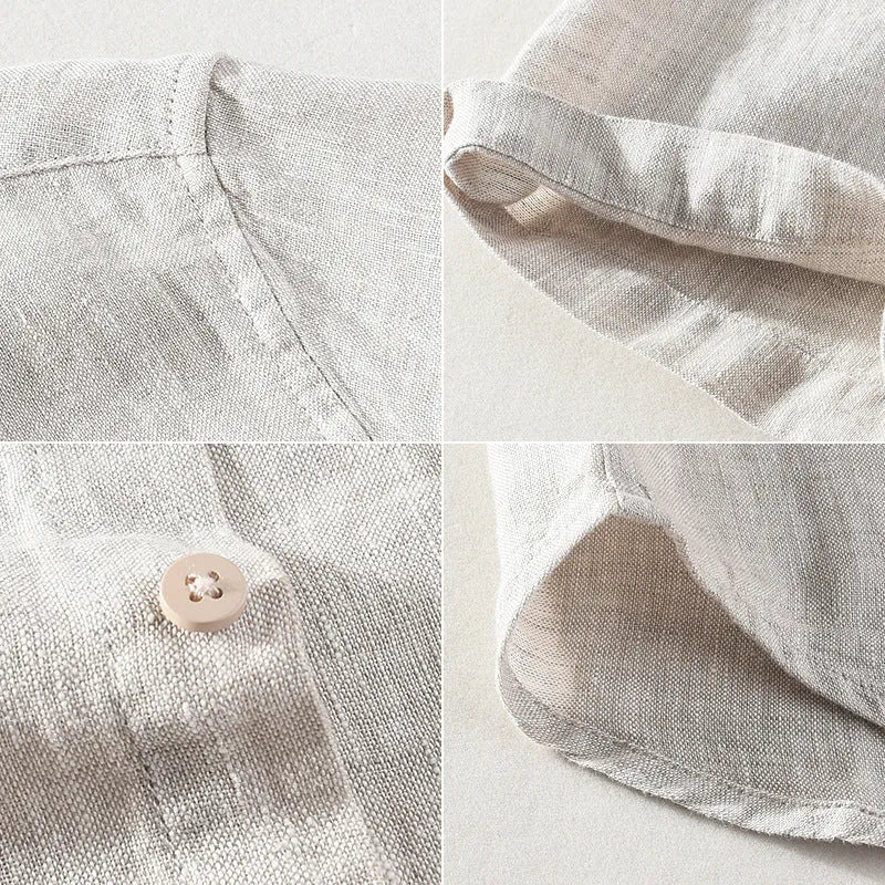 Men's raw jute coloured linen short sleeve shirt with square collar and button front.