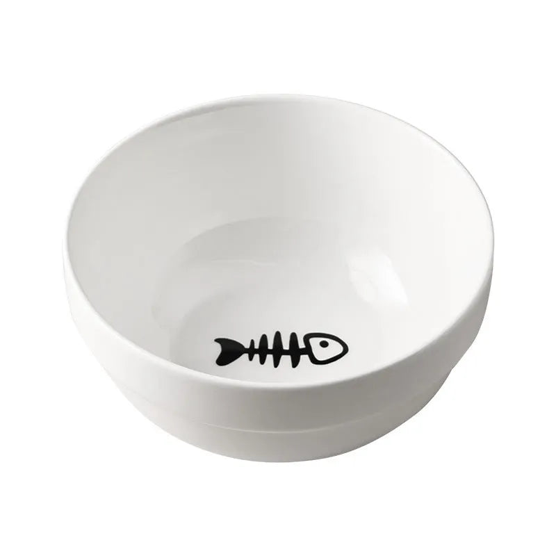 White ceramic pet bowl with decorative pattern in iron frame with cat ear accents