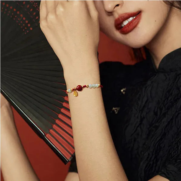 925 silver women's bracelet with Hetian jade and cinnabar red rope on adjustable chain