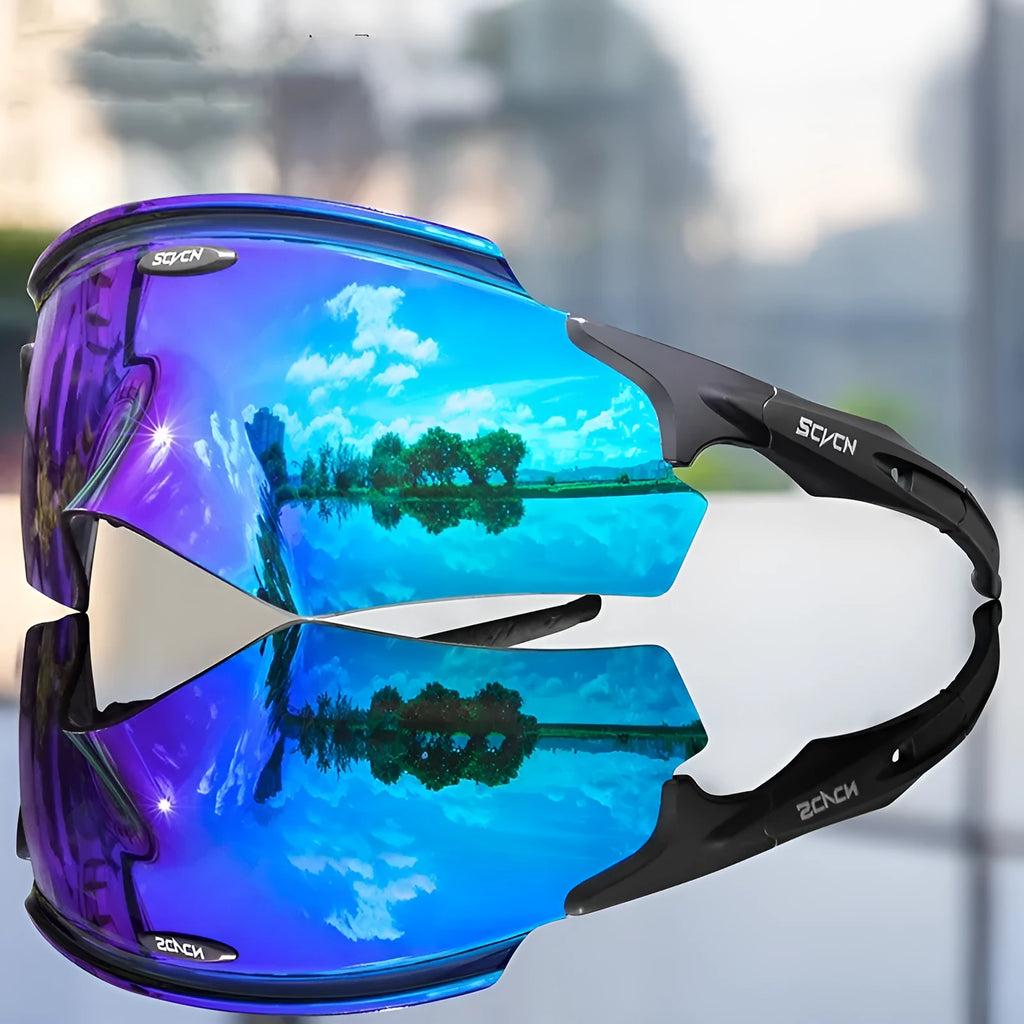 Frameless athletic glasses with colourful integrated lens and windproof design for sports