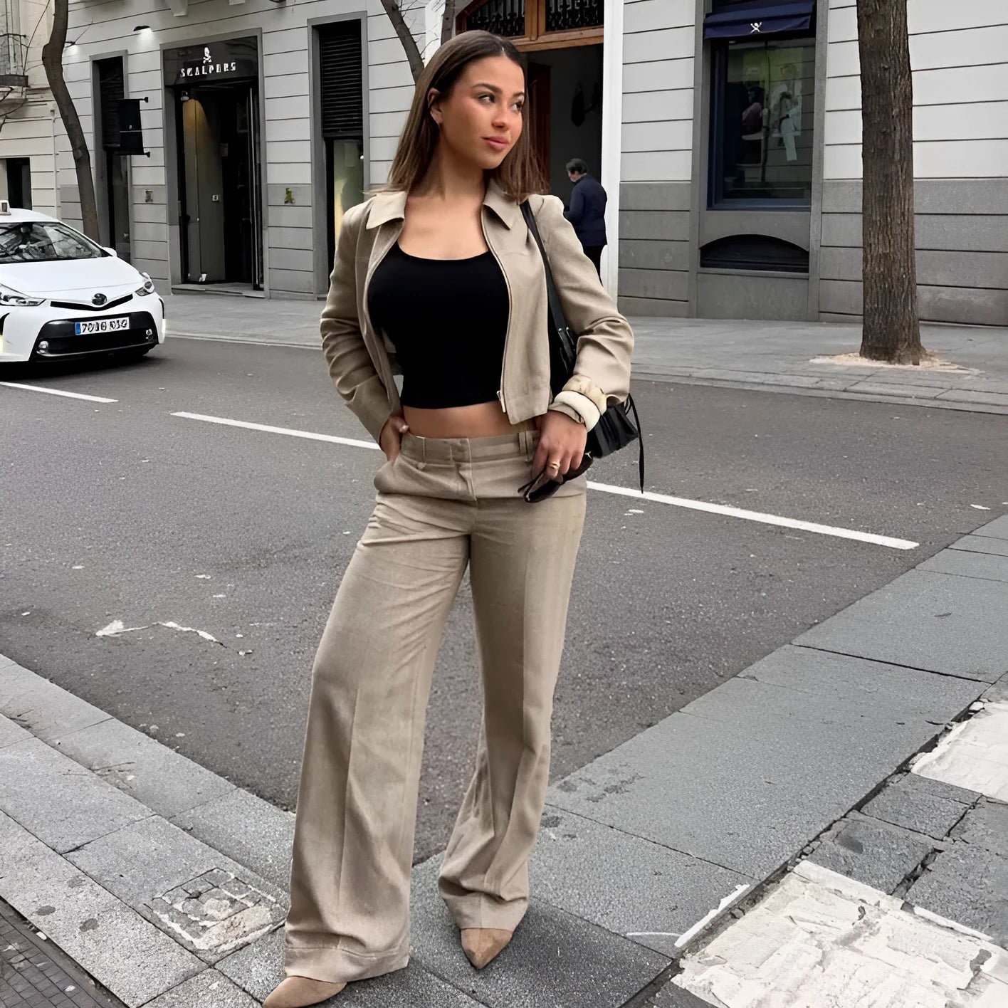 Women's summer casual suit with 3D herringbone pattern embroidery on long sleeve coat and straight-leg trousers