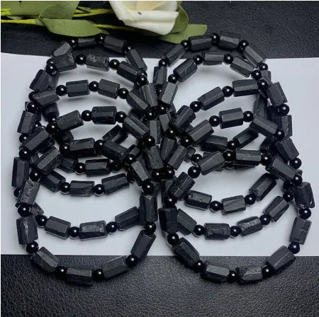 Natural black tourmaline rough stone unisex bracelet with adjustable clasp