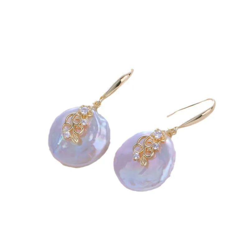Copper plated real gold geometric Baroque pearl earrings with floral inlay for women