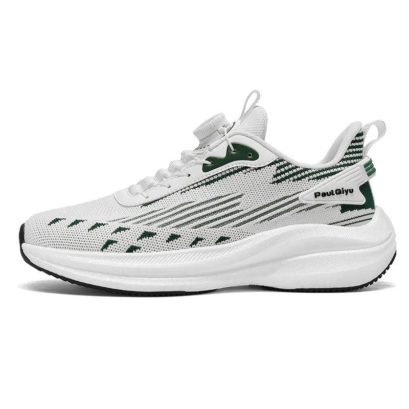 Men's white and green low-top sports shoe with rotating buckle and mesh upper on a flat TPU sole.