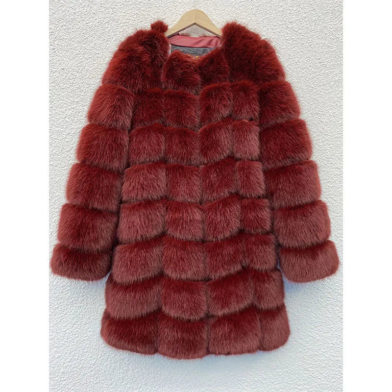 Women's thick artificial fur coat in apricot colour with regular sleeves