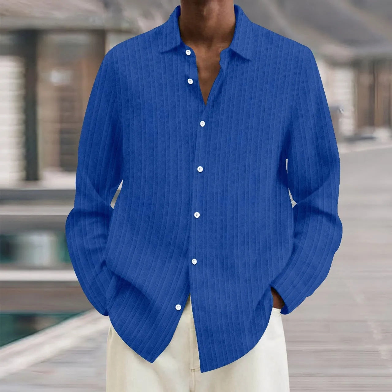 Men's striped cardigan shirt with long sleeves in loose fit British style for summer wear