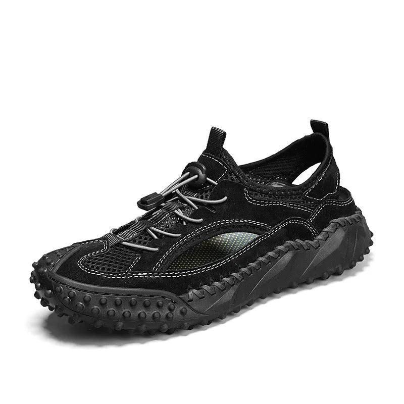 Men's black waterproof sports sandals with leather mesh upper and elastic band fastening
