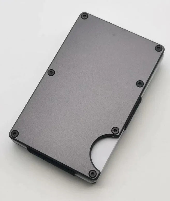 Aluminium grey carbon fibre wallet with RFID blocking for credit cards