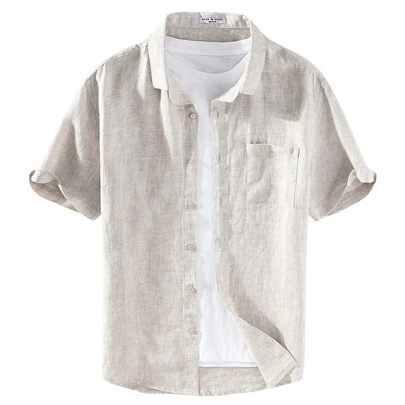 Men's raw jute coloured linen short sleeve shirt with square collar and button front.